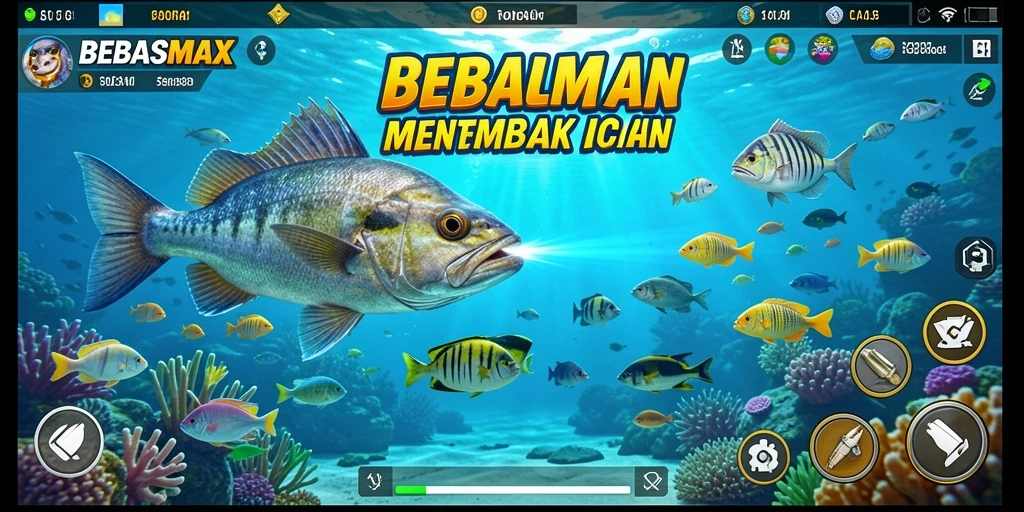 Tangkapan layar utama BEBASMAX menampilkan aksi menembak ikan yang mendebarkan.